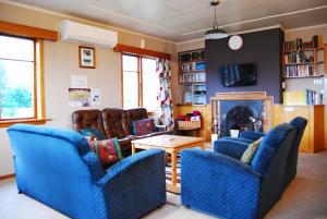 a living room with blue chairs and a fireplace at Surat Bay Lodge by the Sea/Backpackers Hostel in Owaka