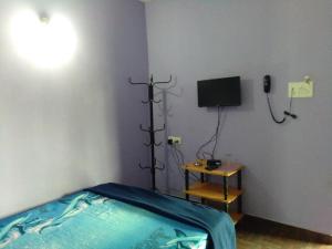 Habitación con cama, TV y teléfono. en Vincent's Holiday Home, en Baga