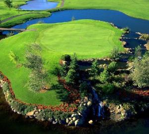 Lynden的住宿－家園度假村酒店，享有高尔夫球场的空中景致,那里有水和树木