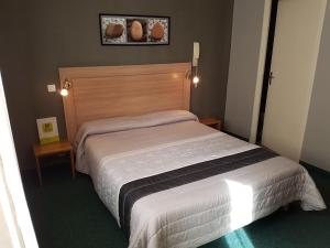 a bedroom with a large bed with a wooden headboard at Logis Hôtel du Midi - Rodez Centre-Ville in Rodez