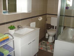 a bathroom with a sink and a toilet and a shower at Apartments Crikvenica in Crikvenica