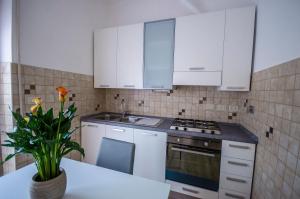 a kitchen with white cabinets and a table with a plant at Longinvm Domvs Romanvm in Rome