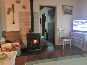a living room with a fireplace and a television at Kuća Pink in Mrzla Vodica