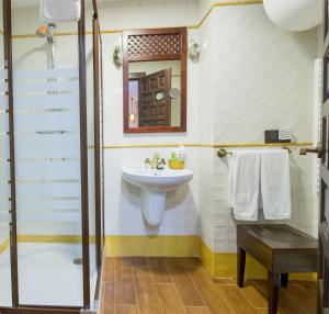 a bathroom with a sink and a shower at La Casa del Maestro de Música in Baeza