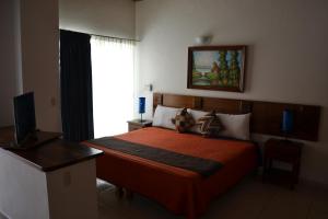 um quarto com uma cama e uma televisão em La Joya del Lago em Ajijic