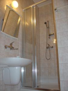 a bathroom with a shower and a toilet and a sink at Limba in Bukowina Tatrzańska