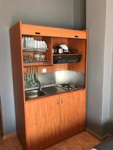 a kitchen with a sink and a stove and a shelf at Villa Un bel posto Sea View in Nea Vrasna +37 photos