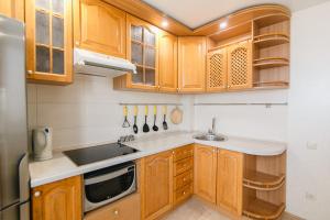 a small kitchen with wooden cabinets and a sink at VIP Apartment ob Gorkogo Square in Sumy
