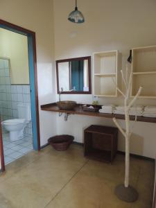 a bathroom with a sink and a toilet and a mirror at Pousada Chica Pitanga in São Miguel do Gostoso