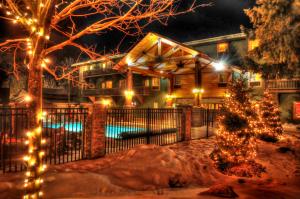 Un árbol de Navidad delante de una casa con luces en Caberfae Peaks Ski & Golf Resort, en Harrietta