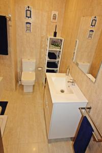 Un baño con lavabo, inodoro y espejo. en Bombarda House & Home, en Oporto