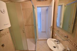 ein Bad mit einer Dusche, einem Waschbecken und einem Spiegel in der Unterkunft Nikic Apartments in Herceg-Novi