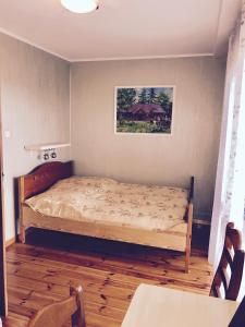 1 dormitorio con 1 cama con una foto en la pared en Chata za wsią, en Skaszewo