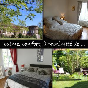 a collage of three pictures of a bedroom with a bed at Ancien Haras de la Tour in Lamothe-Landerron