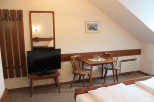 a living room with a television and a table with chairs at Burgenländerhof Hotel Garni in Mörbisch am See