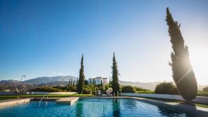 uma piscina com árvores e montanhas ao fundo em B Bou Hotel Cortijo Bravo em Vélez-Málaga