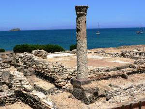 una colonna tra le rovine di un edificio con l'oceano di Casa Vacanze - Villa San Pietro a Villa San Pietro