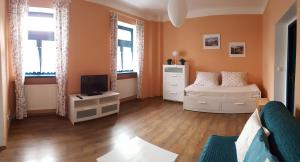 チェスカー・カメニツェにあるApartment Jakubske Namestiの小さなベッドルーム(ベッド1台、テレビ付)