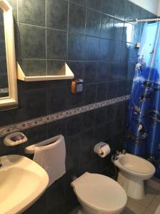 ein Badezimmer mit einem WC, einem Waschbecken und einem Spiegel in der Unterkunft Entre Sierras in Villa General Belgrano