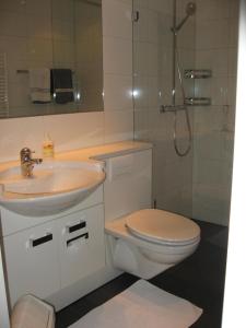 La salle de bains est pourvue d'un lavabo, de toilettes et d'une douche. dans l'établissement Casa Irmella 16, à Arosa