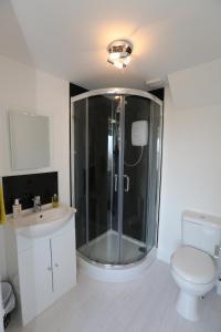 a bathroom with a shower and a toilet and a sink at Chapman's in Stornoway