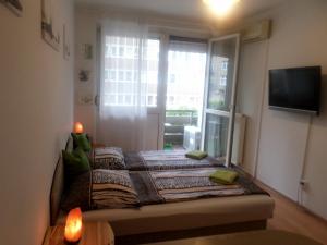 a bed in a room with a window and a television at Apartments Leslie in Budapest