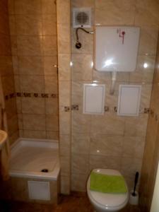 ein Badezimmer mit einer Dusche, einem WC und einer Badewanne in der Unterkunft Apartments Leslie in Budapest