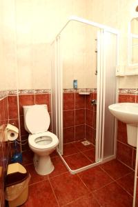 a bathroom with a toilet and a shower and a sink at Dalyan Pension in Dalyan