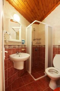 een badkamer met een toilet, een wastafel en een douche bij Dalyan Pension in Dalyan