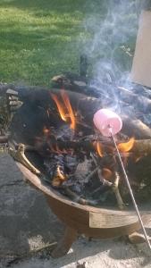 a barbecue grill with a pink spatula and flames at Bryn Parc in Llandysul
