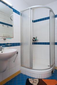 a bathroom with a shower and a sink at Roosevelt Hostel in Prague