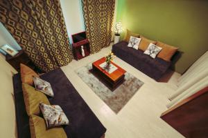 ein Wohnzimmer mit einem Sofa und einem Tisch in der Unterkunft Apartament Carolina II in Toruń