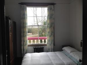 a bedroom with a bed in front of a window at Staigue Fort House in Caherdaniel