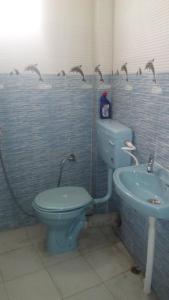 a bathroom with a blue toilet and a sink at Green Tara Residency in Darjeeling