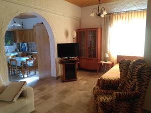 uma sala de estar com um sofá, uma cadeira e uma televisão em Traditional House Astro em Gerani