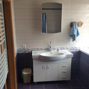 a bathroom with a sink and a mirror at Svečių namai in Ryškėnai