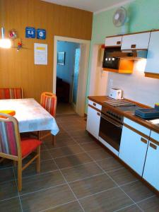eine Küche mit einem Tisch, einem Herd und einer Arbeitsplatte in der Unterkunft Dresdner Ferien Apartment in Dresden