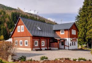 a large wooden house with a gambrel roof at Pension Roubenka in Harrachov