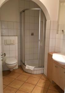 a bathroom with a shower and a toilet and a sink at Seeresidenz Gesundbrunn in Plau am See