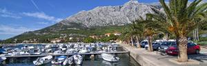 a bunch of boats parked in a marina with a mountain at Apartmani Villa Lidija in Orebić