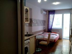 Studio Rositza في صوفيا: مطبخ مع مغسلة وسرير في غرفة