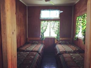 two beds in a room with two windows at The Village Backpackers in Nuku‘alofa