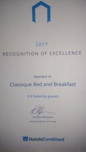 Majutusasutuses Classique Bed & Breakfast olev sertifikaat, autasu, silt või muu dokument
