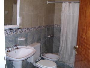 Un baño con lavabo, inodoro y ducha. en Hotel Avenida, en La Rioja 13 fotos más