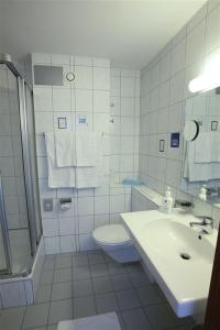 La salle de bains est pourvue d'un lavabo, de toilettes et d'une douche. dans l'établissement Hotel Ritter, à Bruchsal