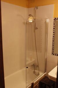 a shower with a glass door in a bathroom at Casa Rural Andrea in Horche +36 photos