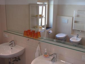 een badkamer met een wastafel, een spiegel en een toilet bij Rebhof Kaltern in Caldaro