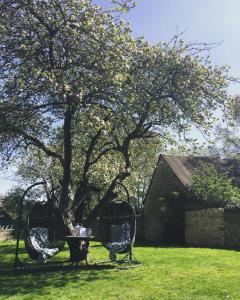 a table and chairs under a tree in a field at The Wychwood Inn in Shipton under Wychwood