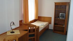 um pequeno quarto com uma cama, uma mesa e uma secretária em Hotel Krakonoš em Trutnov