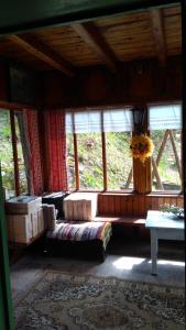 ein Wohnzimmer mit einem Sofa in einem Zimmer mit Fenstern in der Unterkunft Chata u sovicky Malino Brdo in Ružomberok
